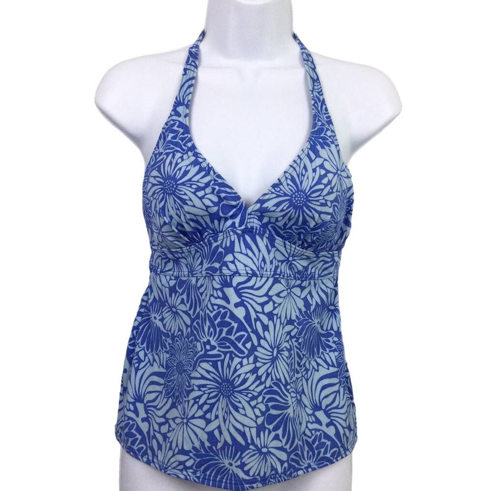 LL Bean Blue Hawaii Floral Coastal Sweetheart Halter Beach Tankini Swim Top 6